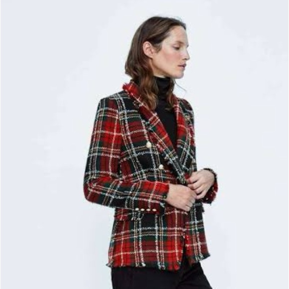 ZARA BLOGGER FAVE Tartan Plaid Boucle Tweed Double Breasted Blazer Sz S NWOT